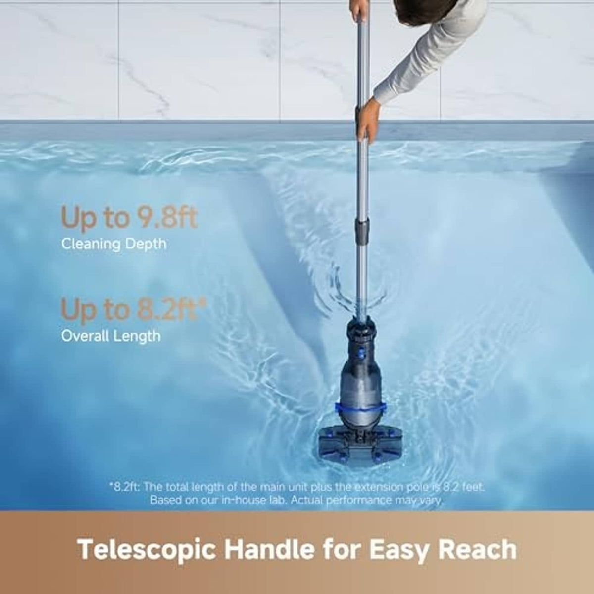 Cordless pool vacuum with telescopic handle and suction base for easy reach