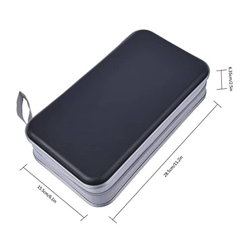 Rectangular black hard plastic CD storage wallet with gray zipper trim and carry strap