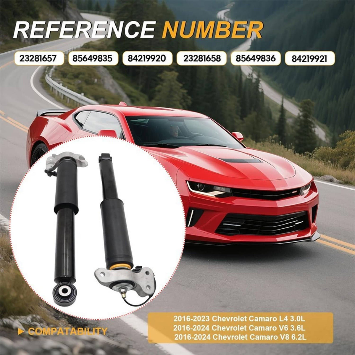 Black rear shock absorber struts with mounting hardware for Camaro