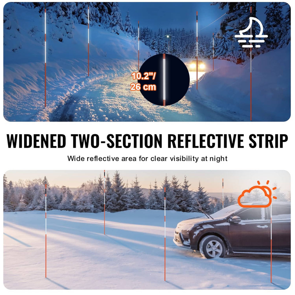 Widened two-section reflective strip on orange-and-white driveway markers with black tips