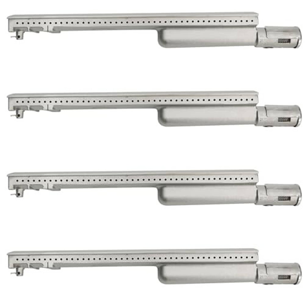 Set of stainless steel grill replacement burners with valve ends and perforated firebox