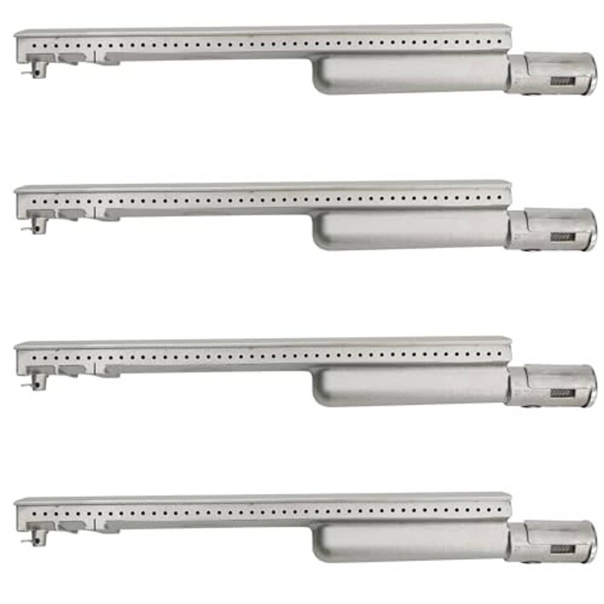 Set of stainless steel grill replacement burners with valve ends and perforated firebox