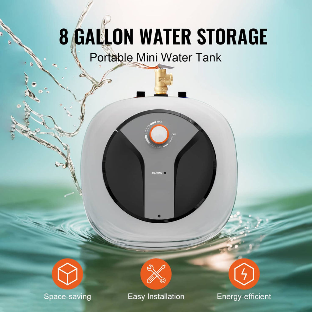 Compact 8 gallon mini tank water heater with orange dial and top brass inlet
