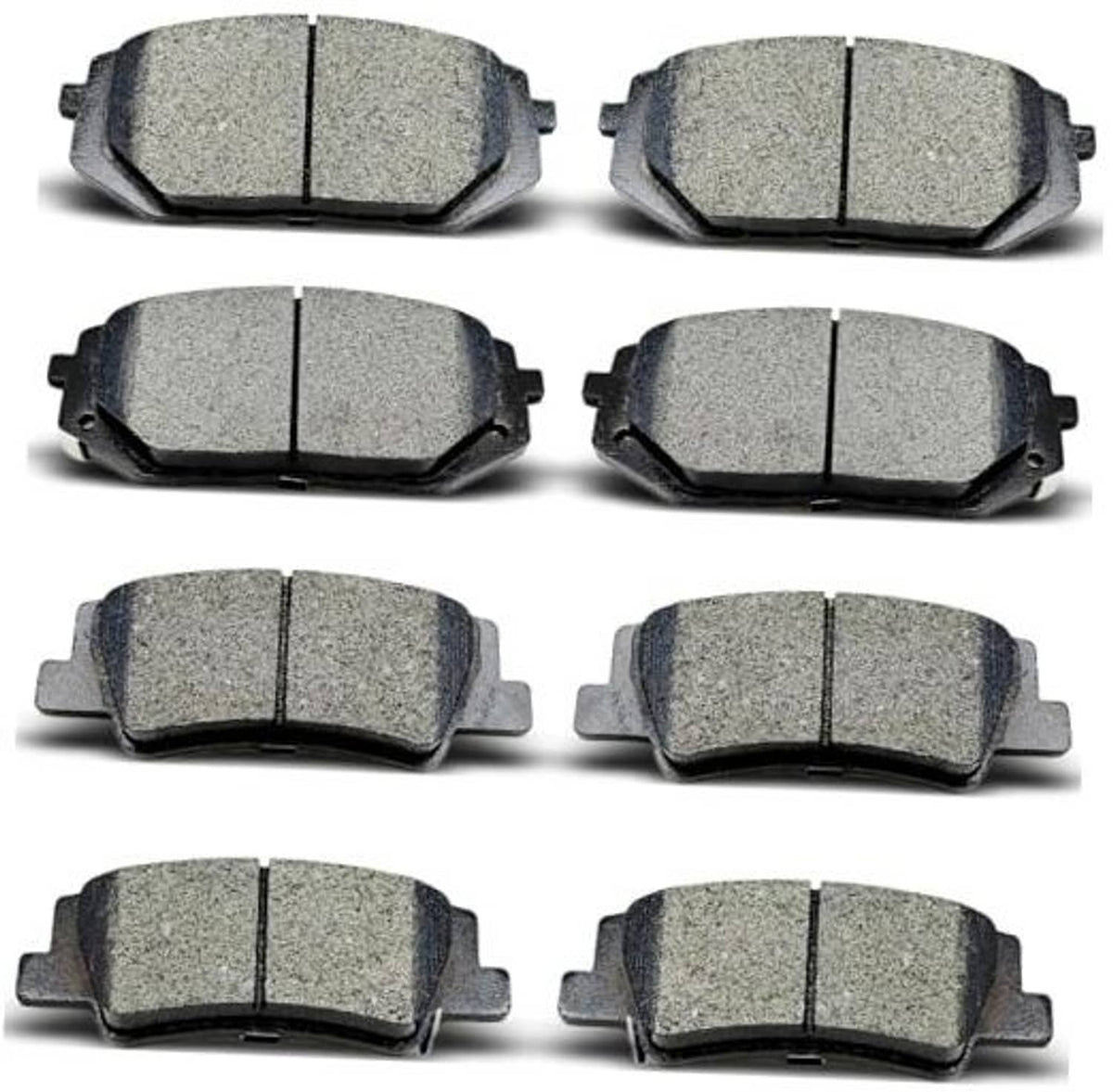 Gray ceramic brake pads set, multiple pairs with metal backing, front-facing view