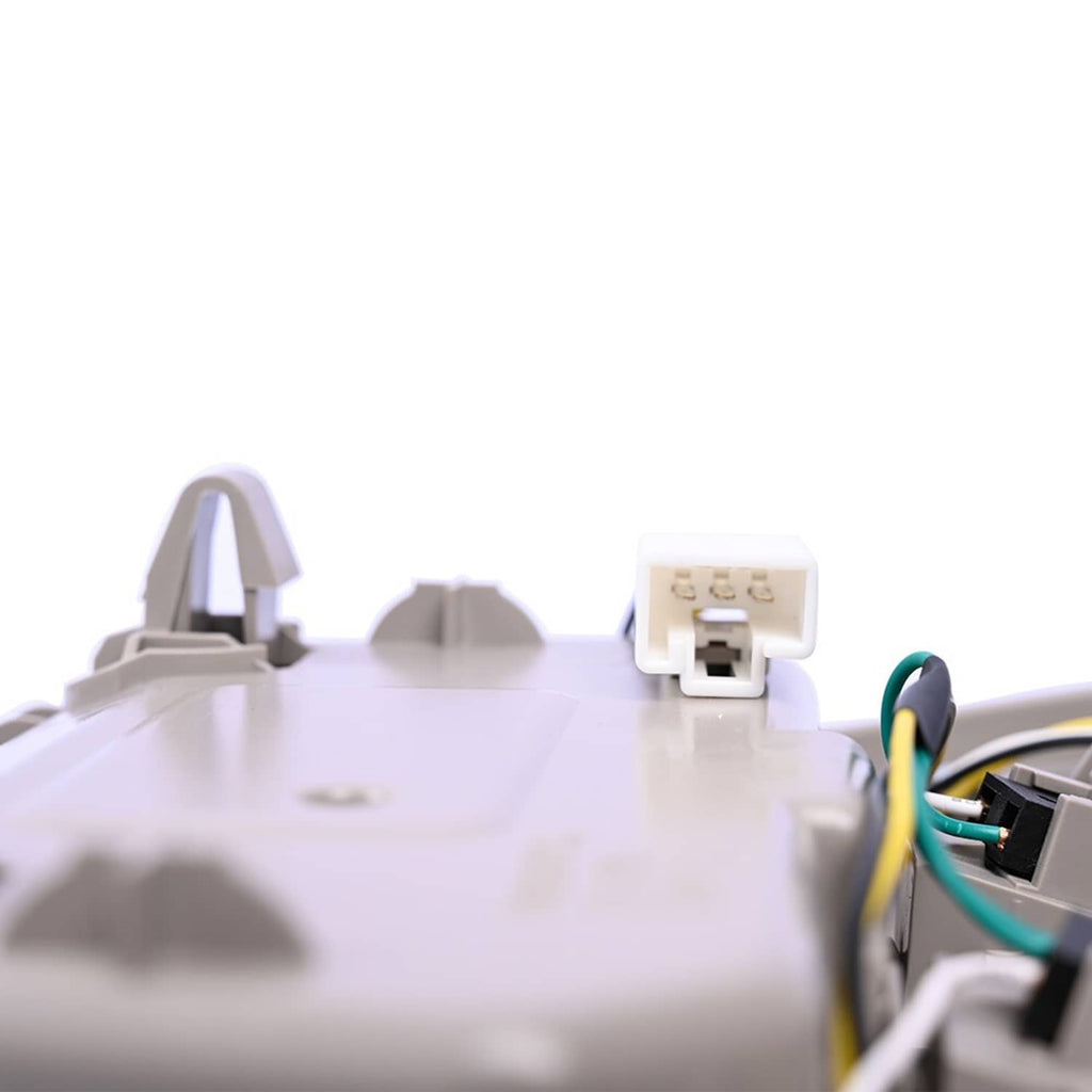 Vehicle overhead console internal connector area with wiring, gray housing components.