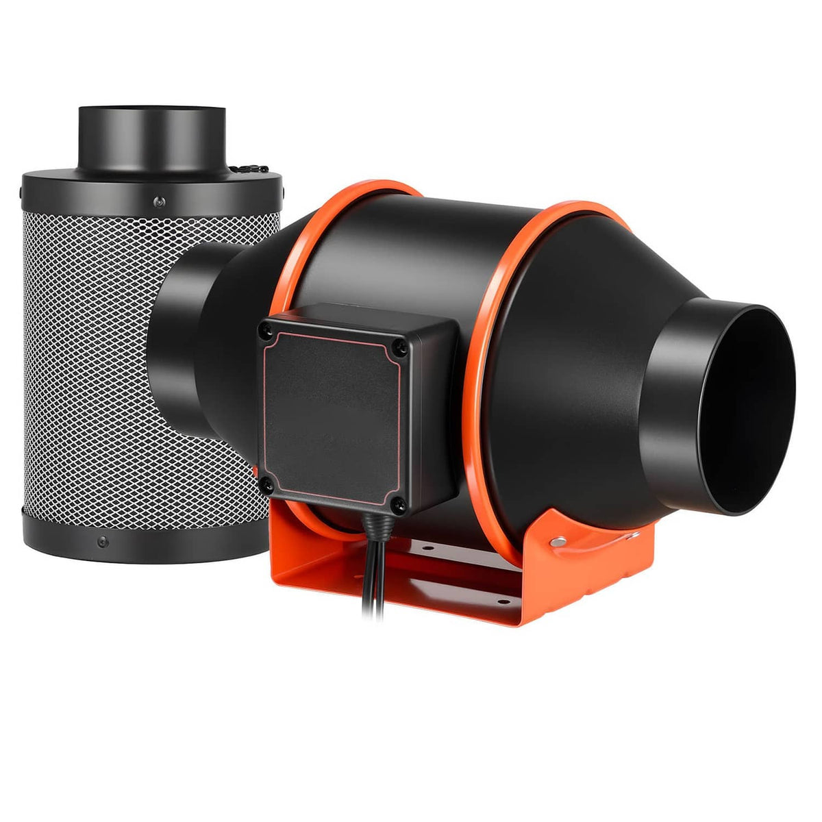 Inline ventilation fan with mesh intake, black housing, orange ring, and mounting base