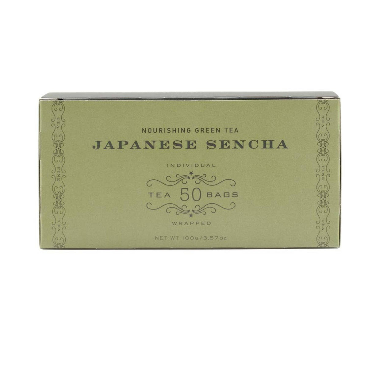 Japanese Sencha green tea box front labeled 50 individually wrapped tea bags