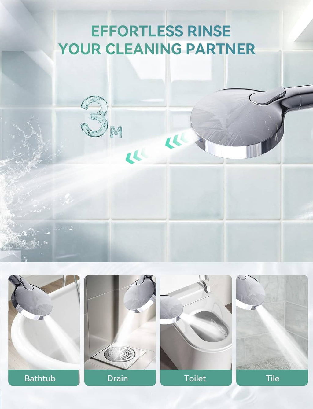 Chrome shower head with handheld sprayer and built-in cleaning rinse flow