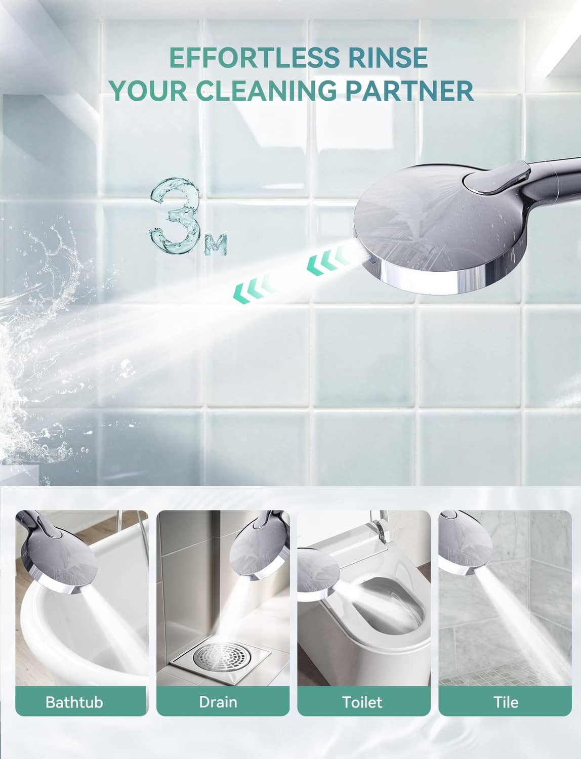 Chrome shower head with handheld sprayer and built-in cleaning rinse flow
