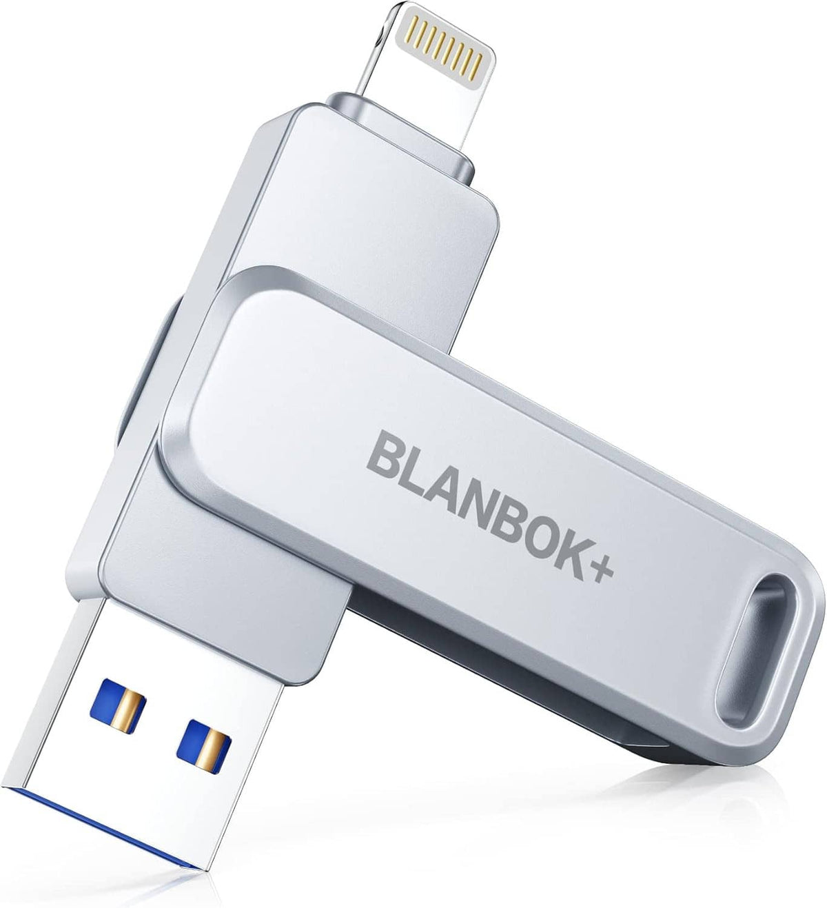 Lightning USB flash drive with protective cap; BLANKBOX logo; USB-A plug and metal pins