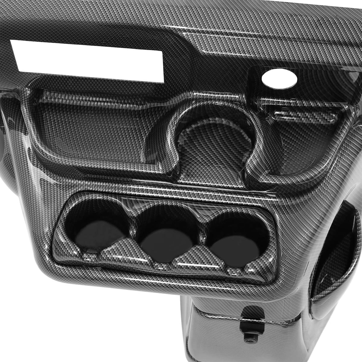 Carbon fiber style dash panel face with radio opening and speaker grille cutouts