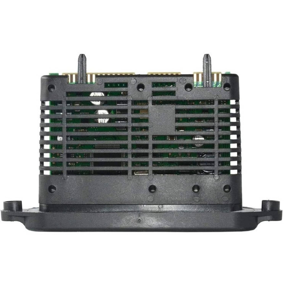Adaptive headlight control module with ribbed metal backplate and circuit board top