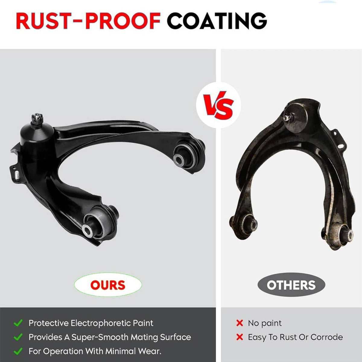 Black front control arm with rubber bushing and joint mount