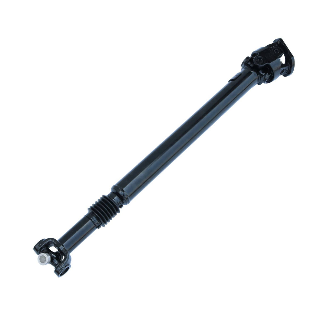 Front drive shaft assembly with U-joint end and splined section, black and silver