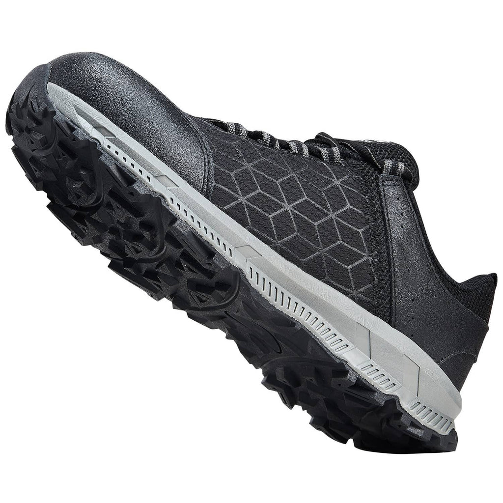 Men's black steel toe work sneaker with textured grip outsole, side view