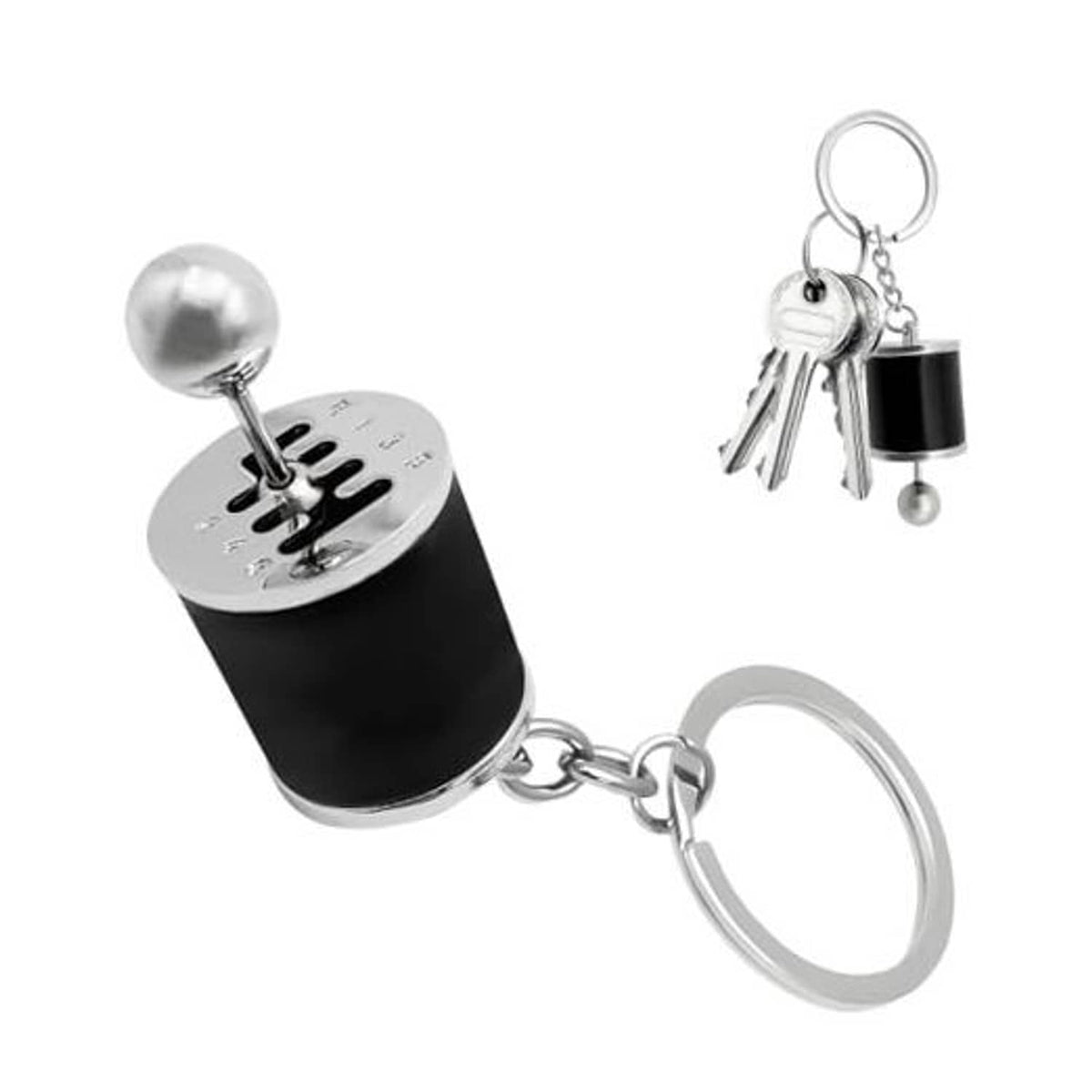 Six-speed gearbox keychain with black fob, silver ball, and metal keyring with keys