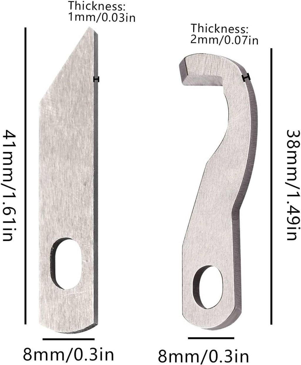Serger knife blade set with oval holes and labeled thickness measurements, stainless steel
