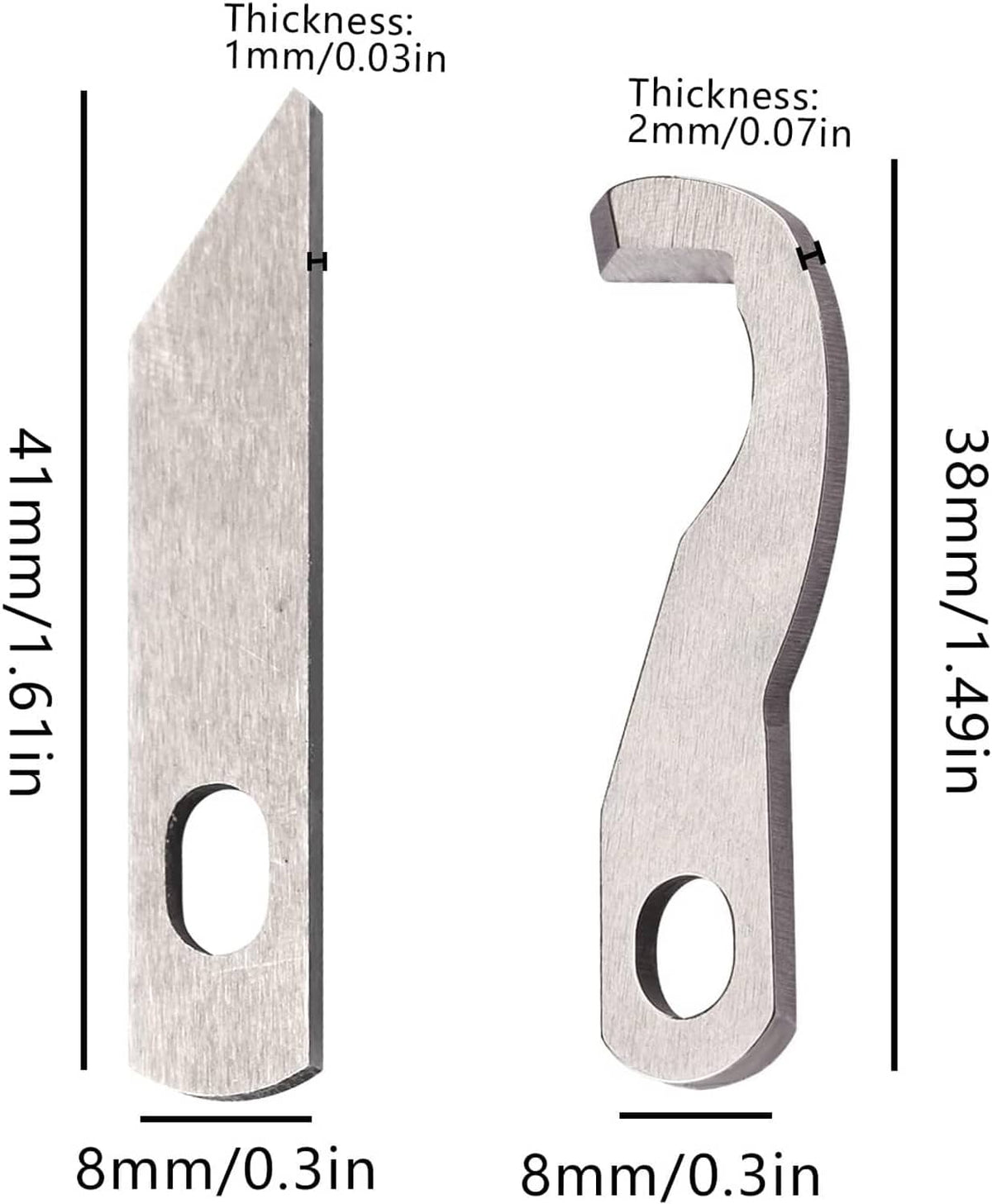Serger knife blade set with oval holes and labeled thickness measurements, stainless steel