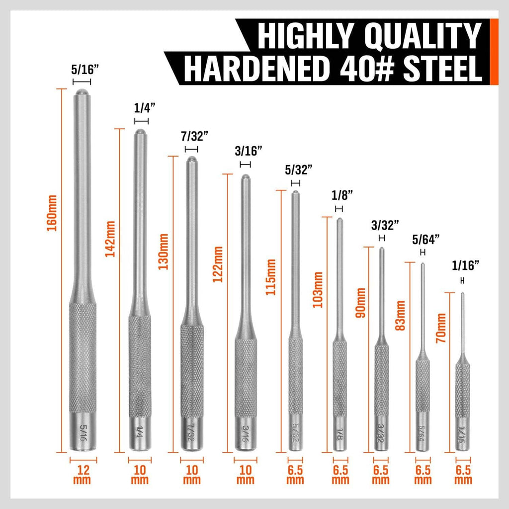 Hardened steel roll pin punches with textured grips, shown by size lengths