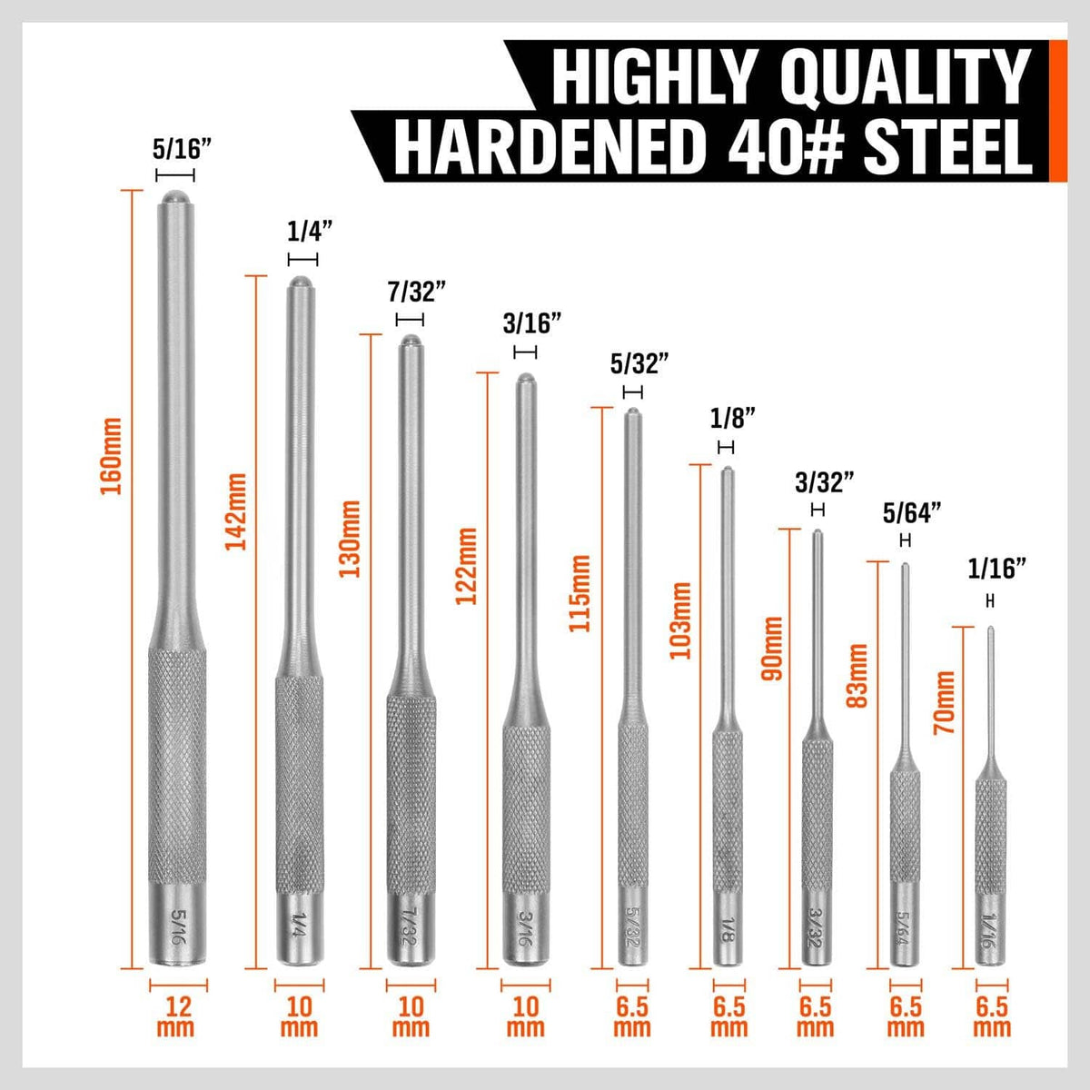 Hardened steel roll pin punches with textured grips, shown by size lengths