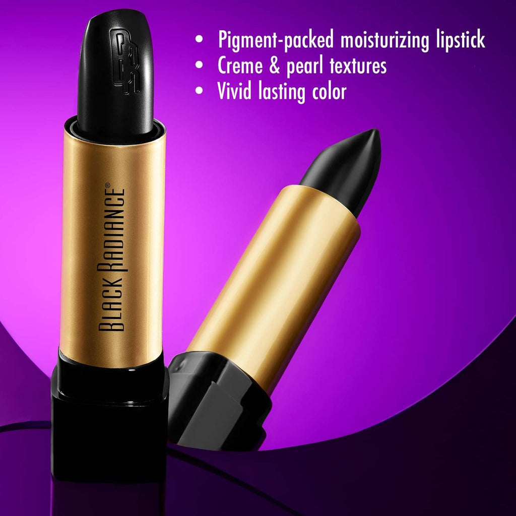 Lipstick tube with black cap and exposed bullet, golden-toned lipstick shade