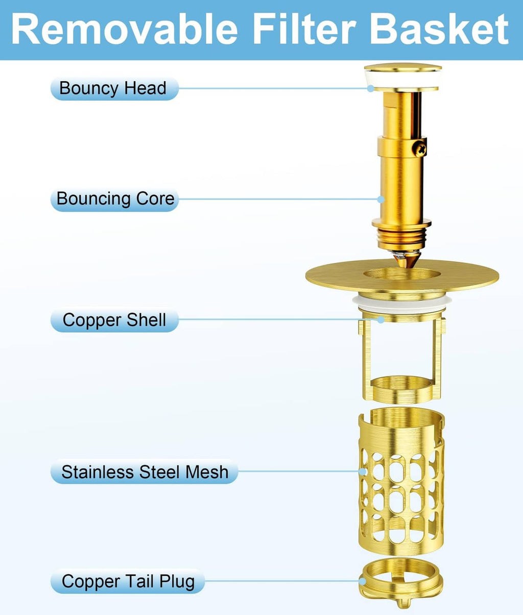 Gold sink stopper filter basket with removable mesh cylinder and internal core parts