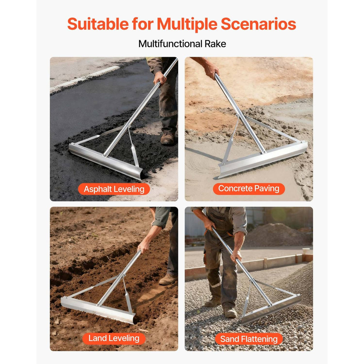 Wide aluminum landscape rake head for leveling asphalt, sand, and soil