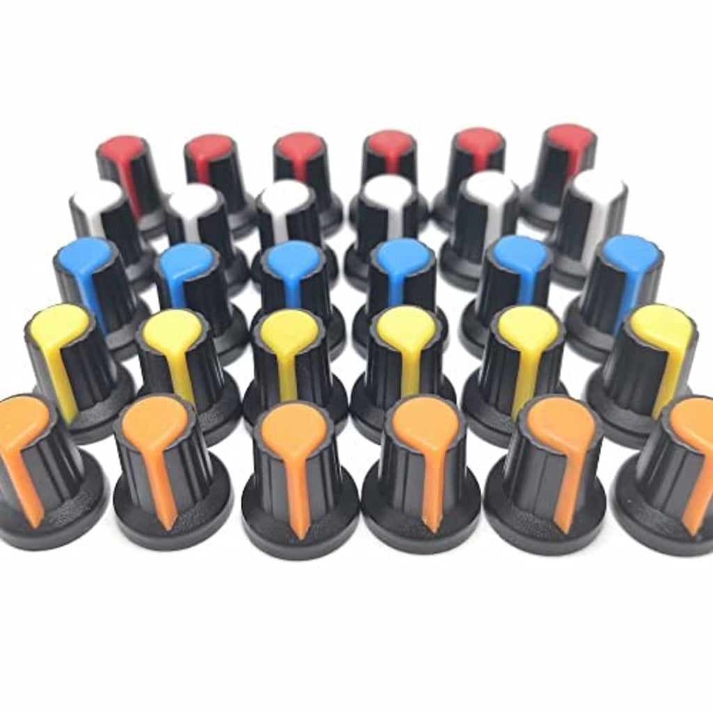 Potentiometer knob switch caps assortment, black bases with mixed red, orange, blue, yellow, white, green tops