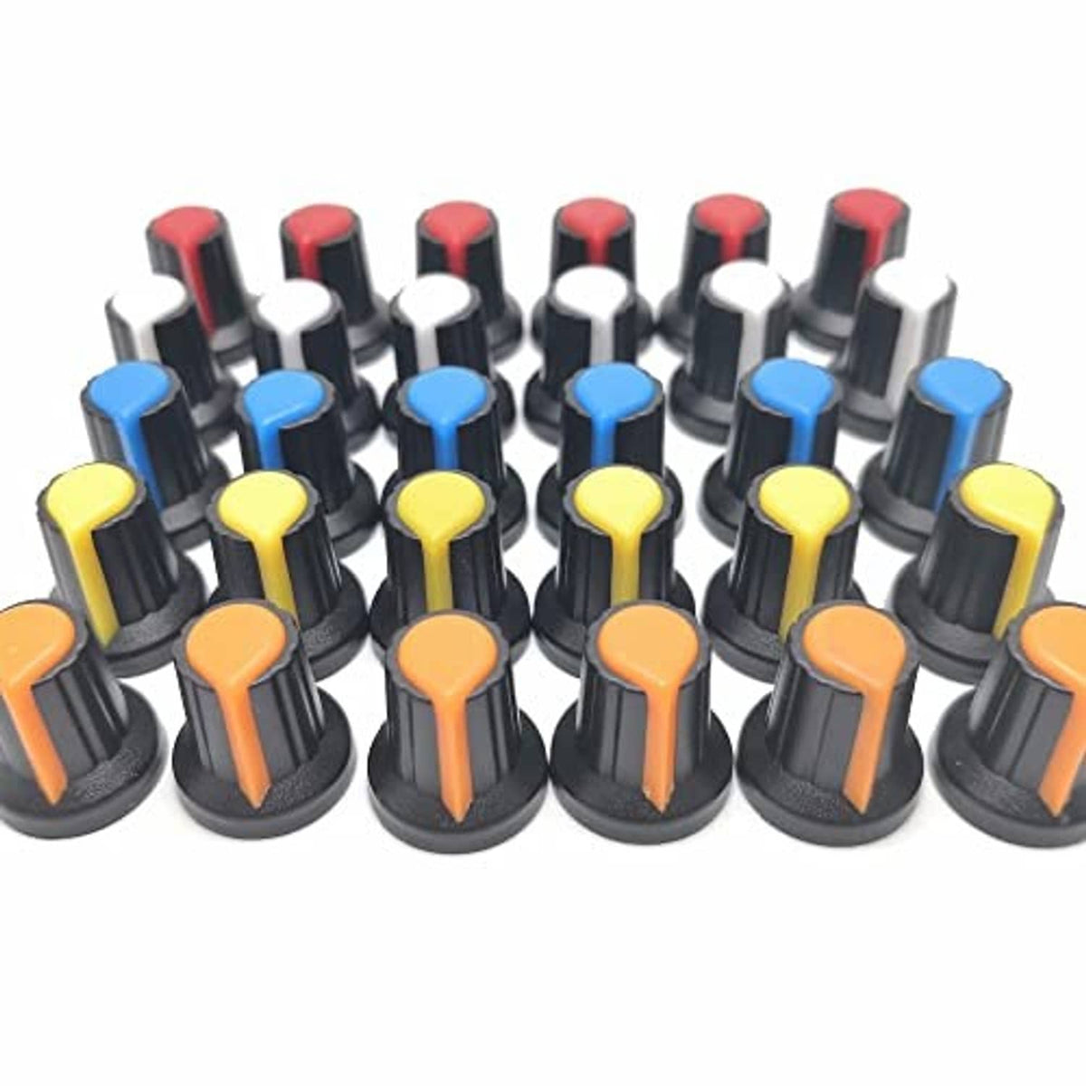 Potentiometer knob switch caps assortment, black bases with mixed red, orange, blue, yellow, white, green tops