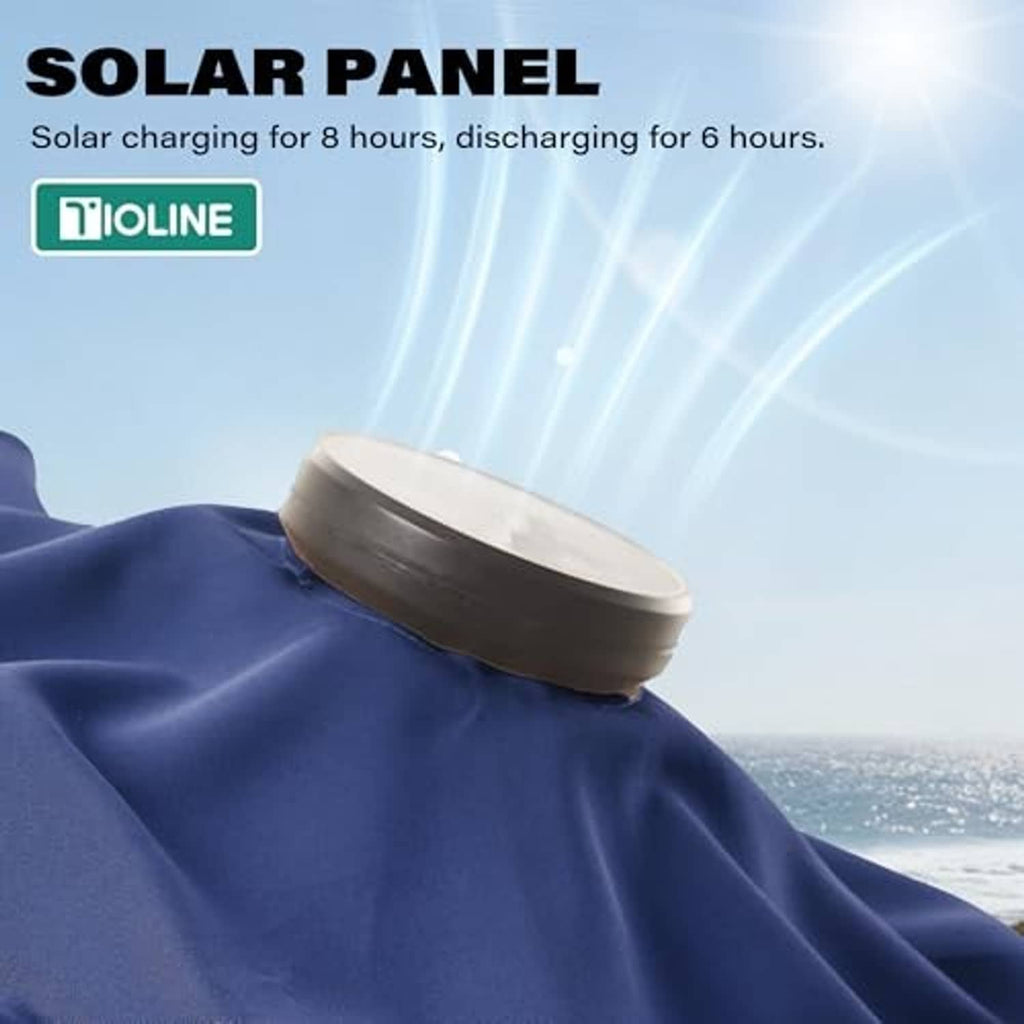 Navy patio umbrella canopy with round solar panel housing on top