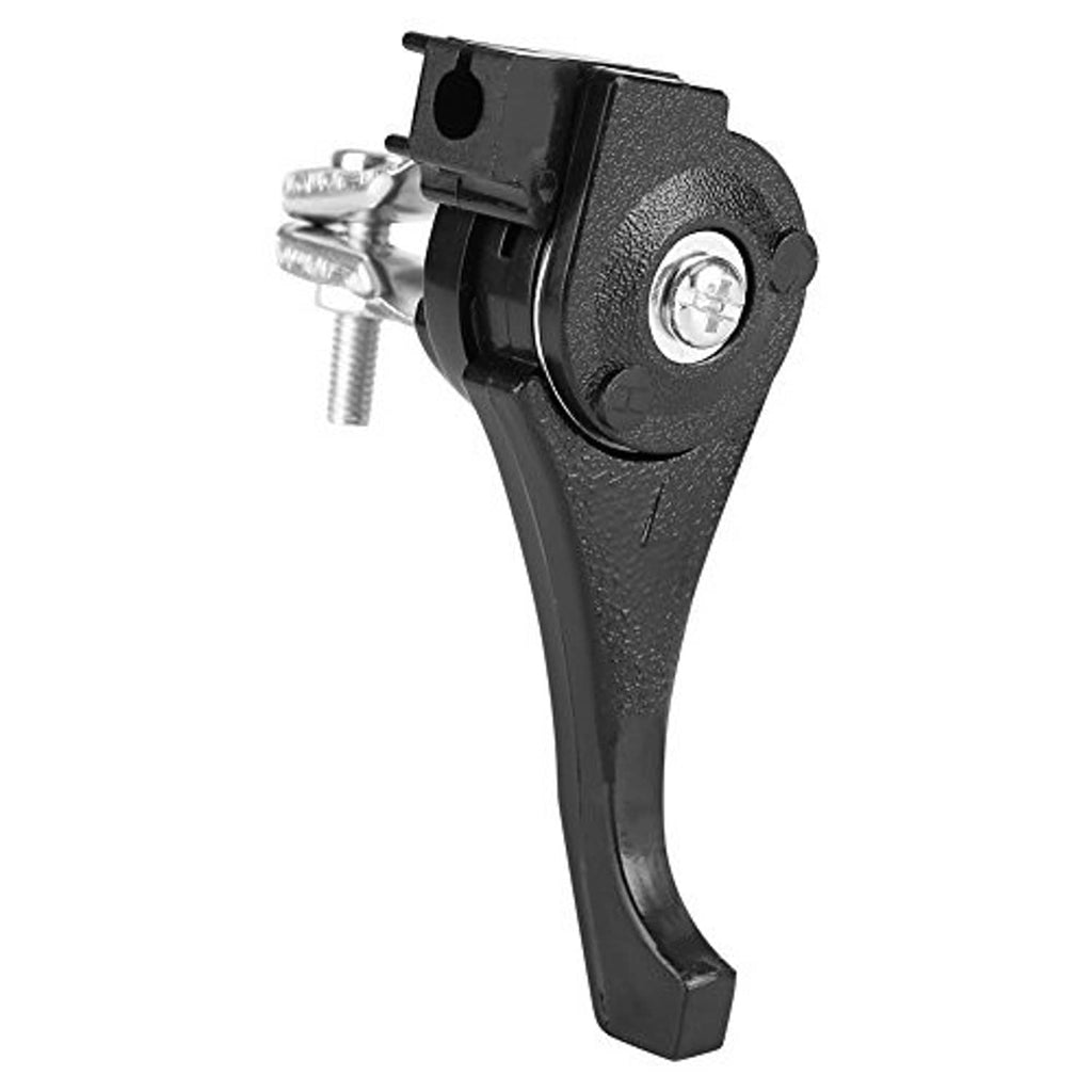 Black throttle lever with textured side housing and silver mounting bracket screw