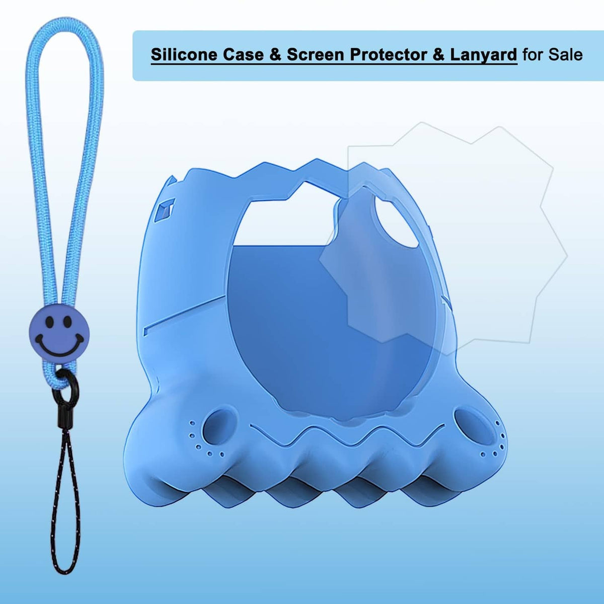 Blue silicone shell case with screen protector opening and strap loop