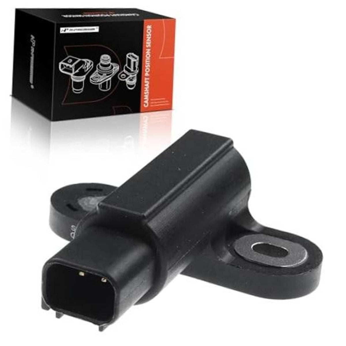 Camshaft position sensor with black body, metal mounting tab, and 2-pin plug