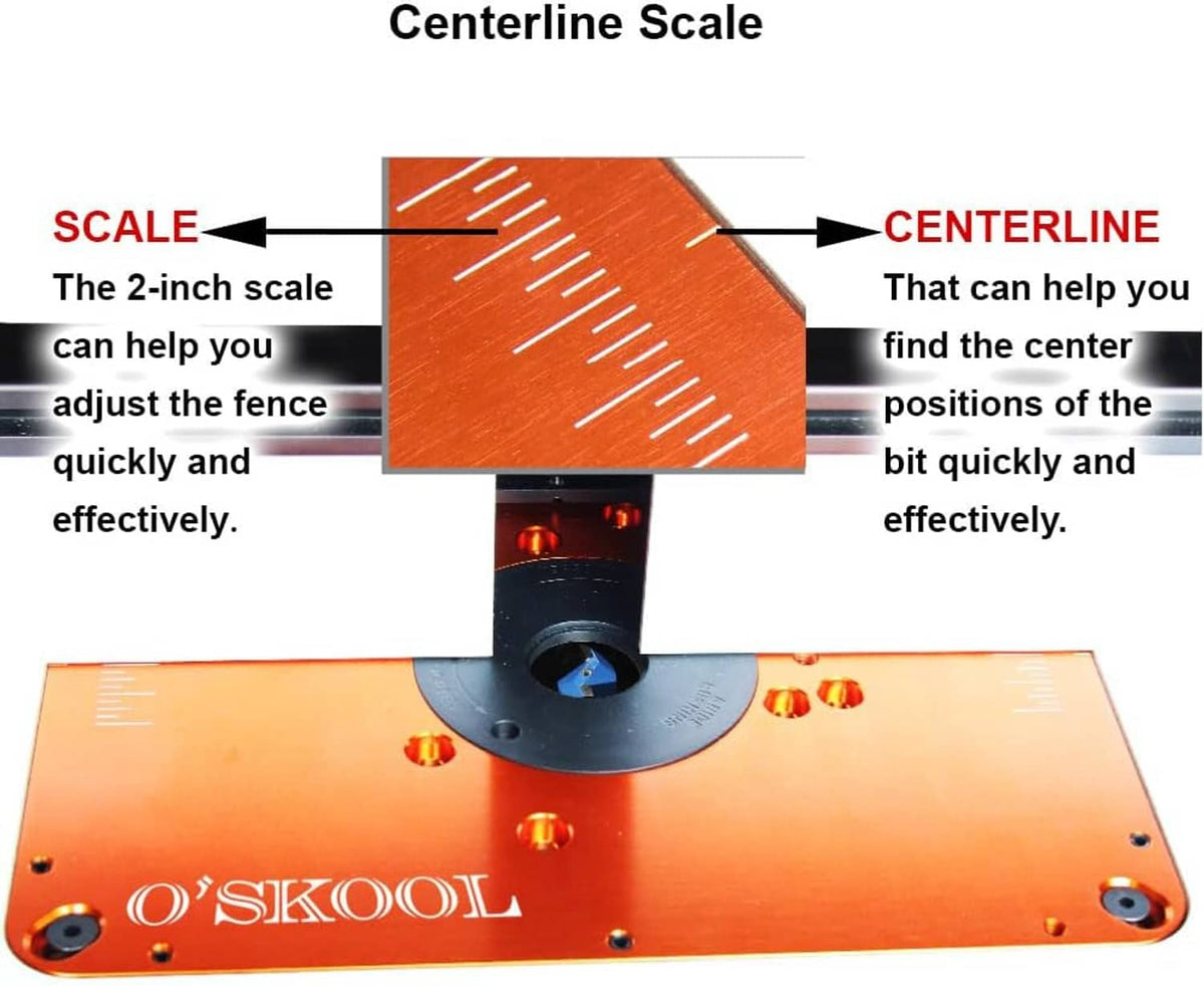 Orange router table insert plate with centerline markings and central opening
