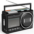 Black cassette player boombox with large front speaker and control panel, top antenna