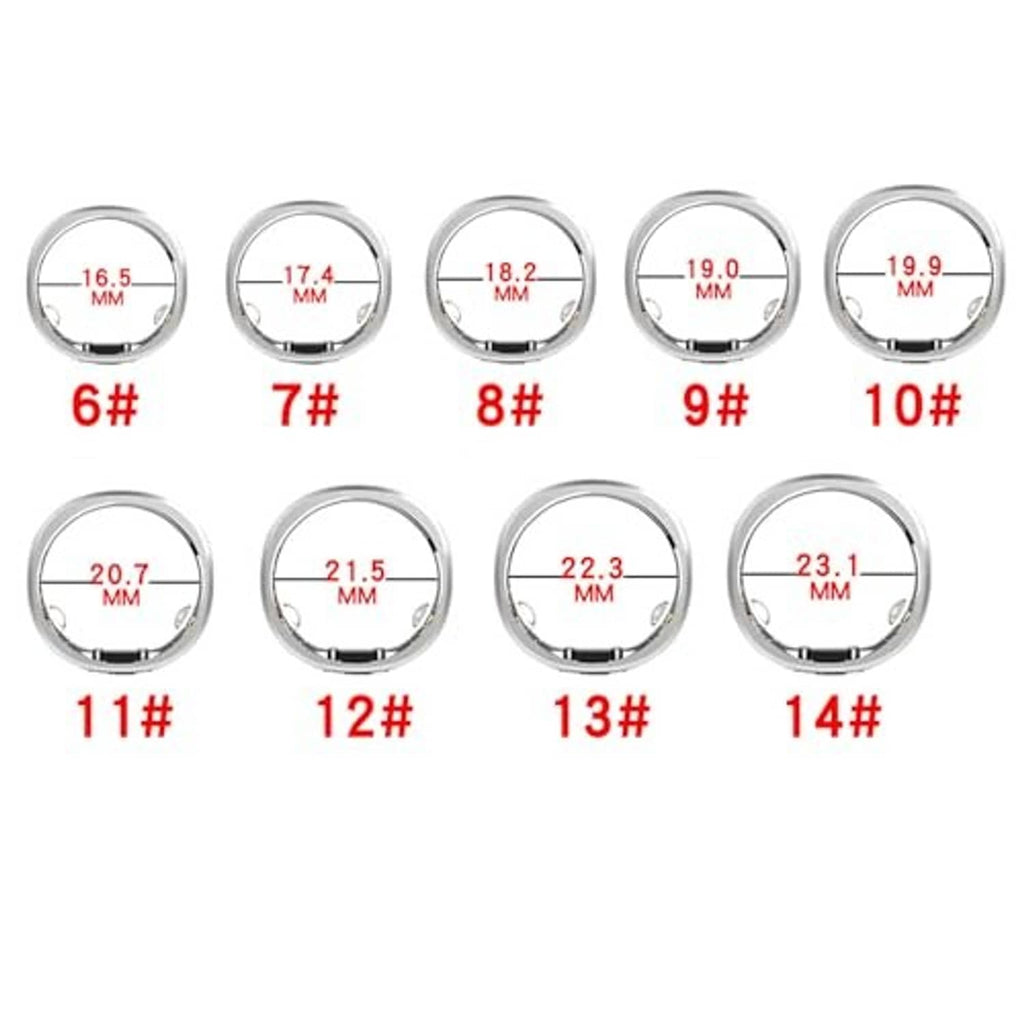 Ring size guide chart with numbered metal ring bands for sizing