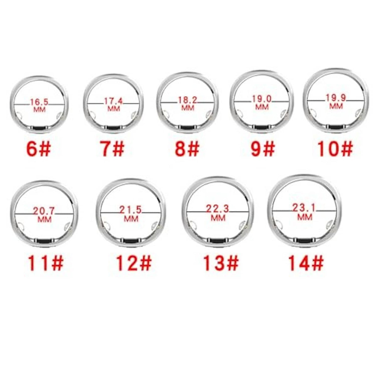 Ring size guide chart with numbered metal ring bands for sizing