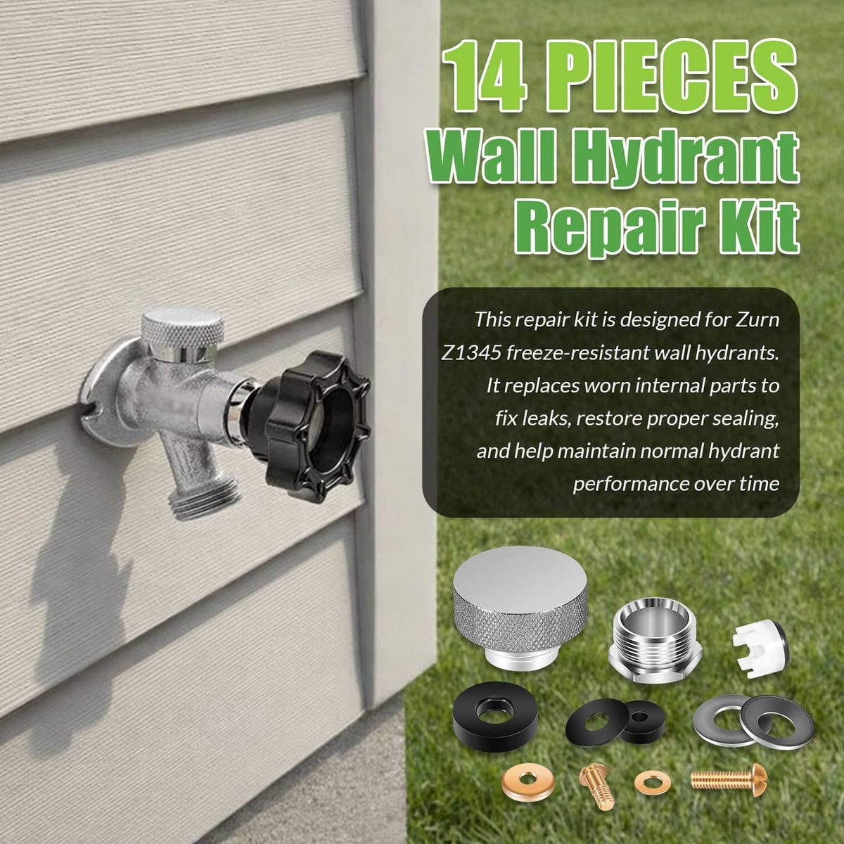 Wall hydrant repair kit with replacement valve housing and assorted gaskets and screws
