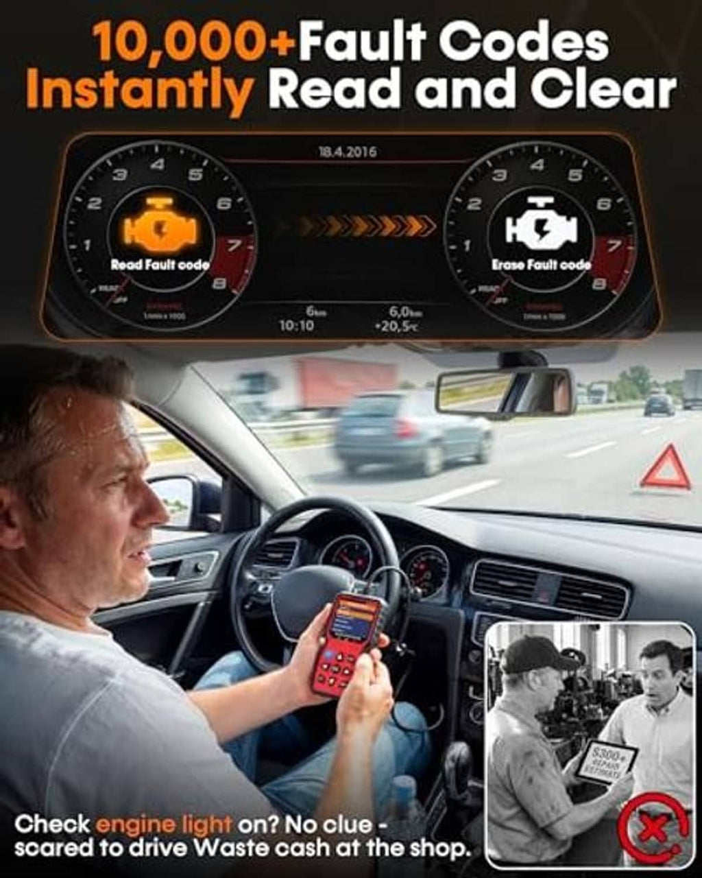 Handheld OBD2 scanner and battery tester with red/black body and OBD cable