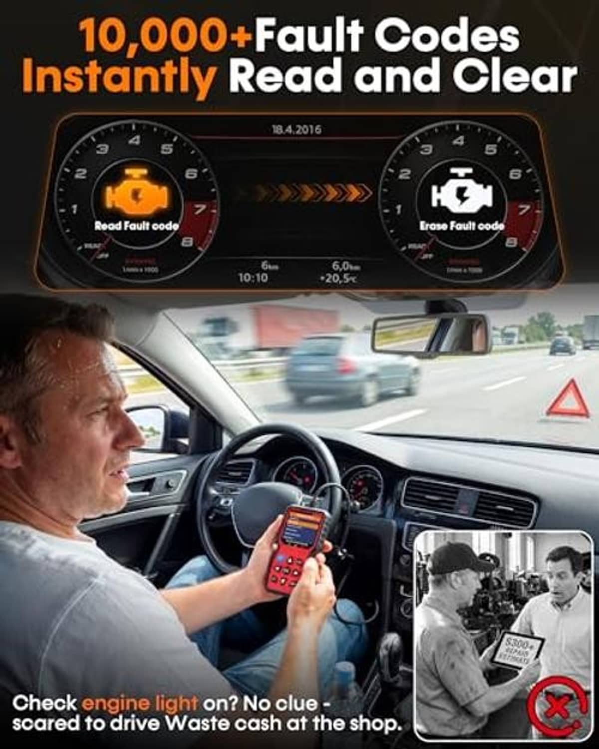 Handheld OBD2 scanner and battery tester with red/black body and OBD cable