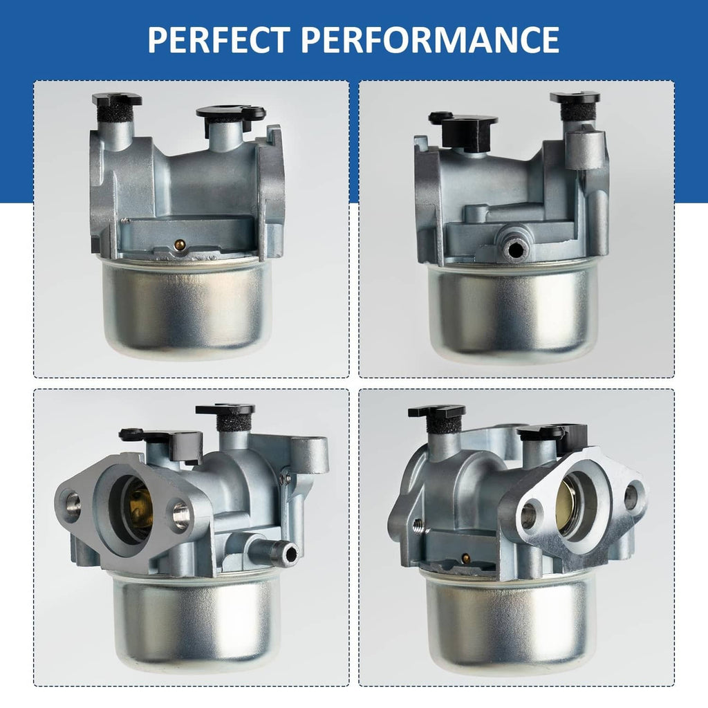 Carburetor shown from multiple angles: intake, side ports, and mounting tabs