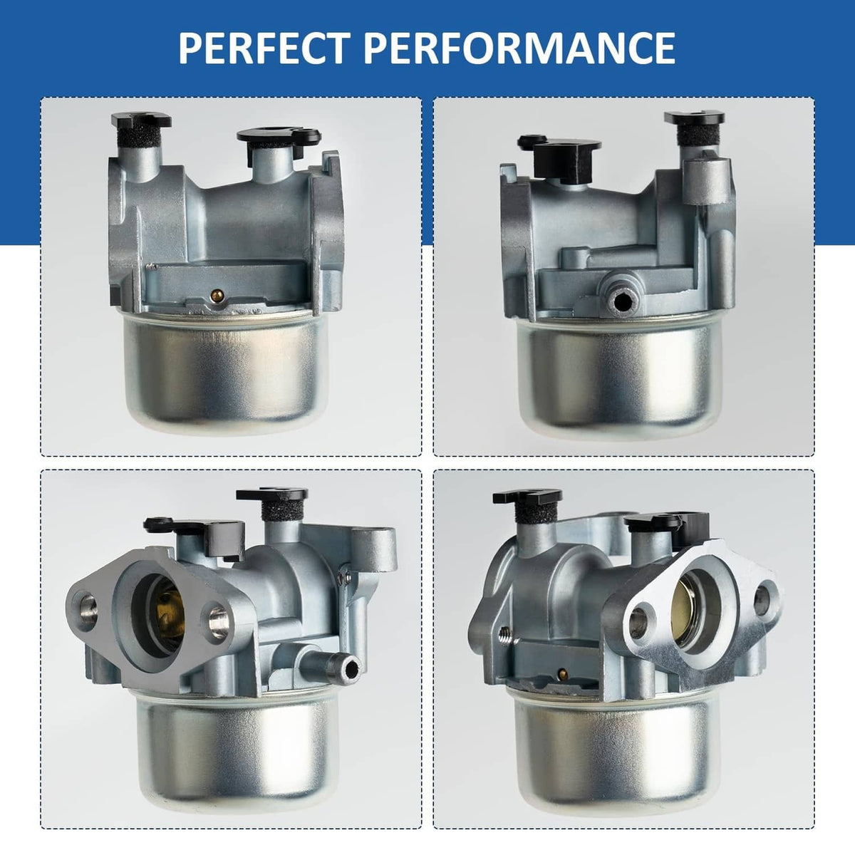 Carburetor shown from multiple angles: intake, side ports, and mounting tabs