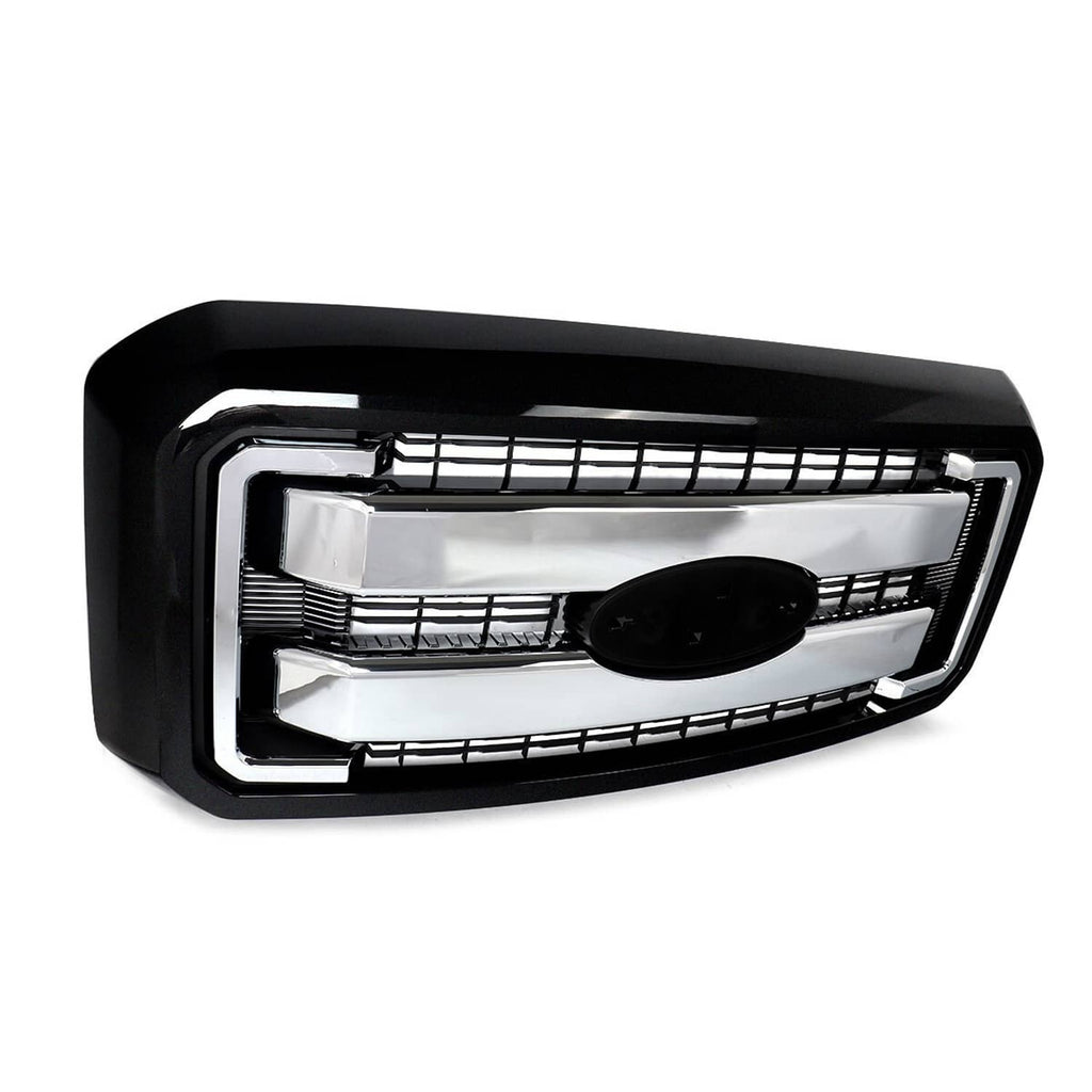 Front upper bumper grille with chrome frame and black mesh insert