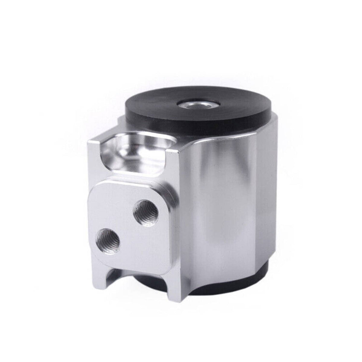 Silver engine motor mount with black rubber bushing and threaded mounting holes