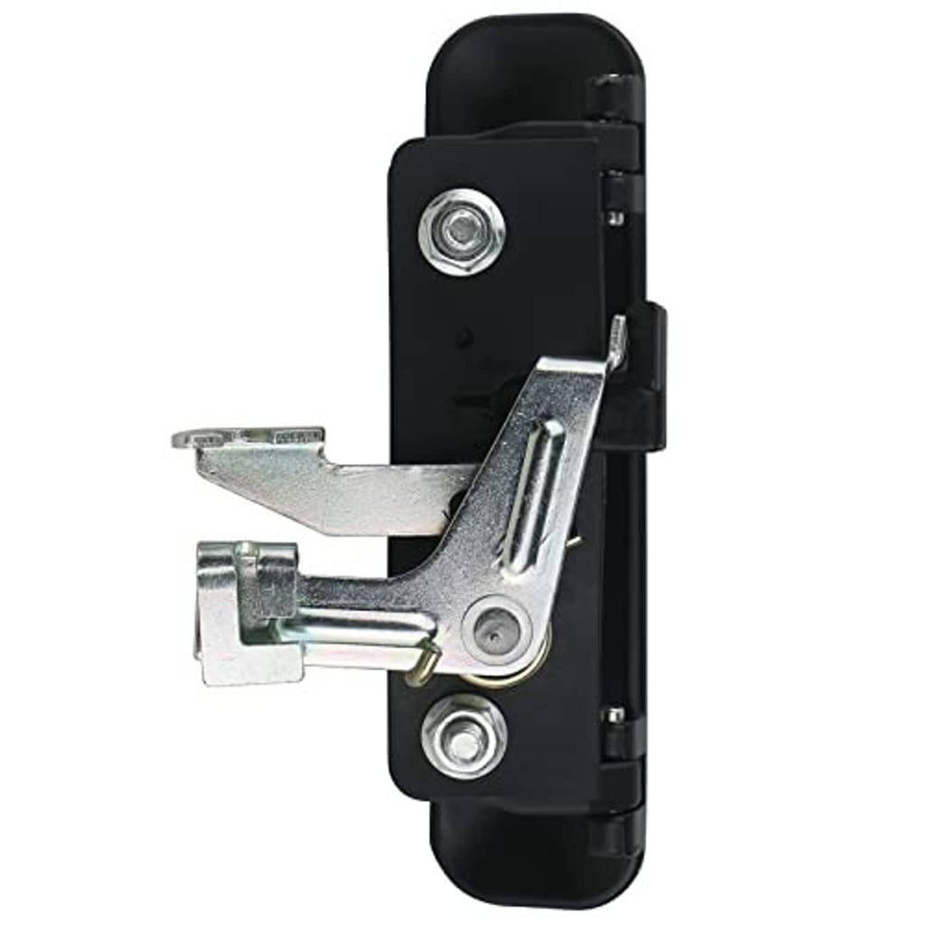 Black door handle assembly with silver latch, lock cylinder, and mounting bolts