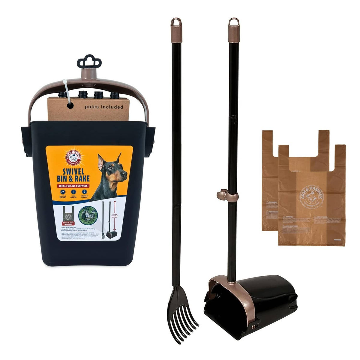 Black swivel dog waste bin with poop scoop and rake, one-size set