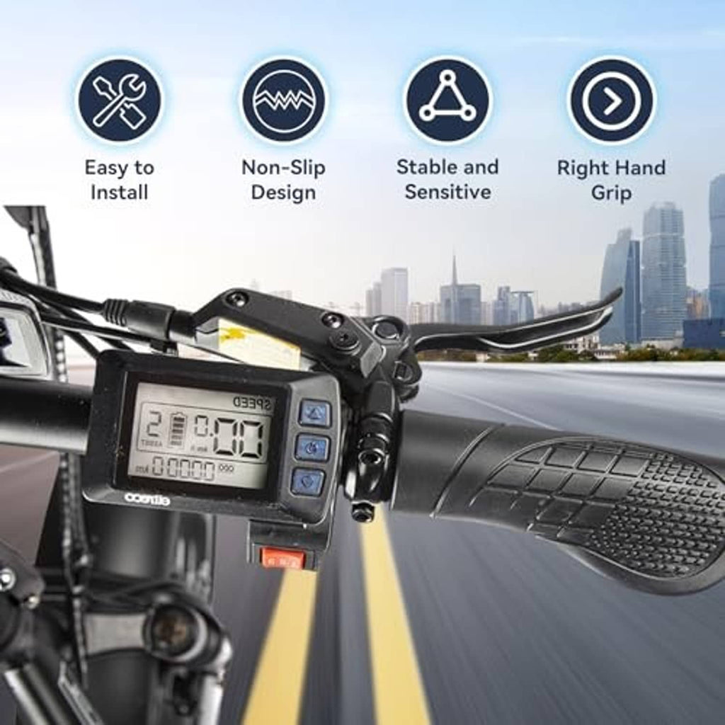Black textured right-hand grip throttle with display mounted on an electric bike handlebar.