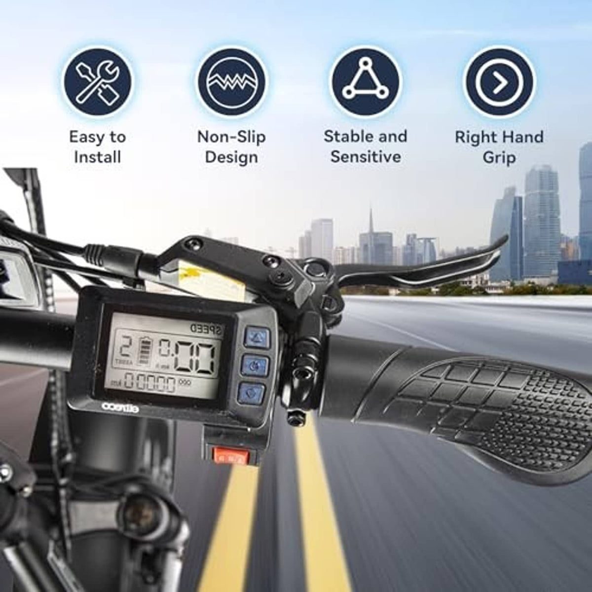 Black textured right-hand grip throttle with display mounted on an electric bike handlebar.