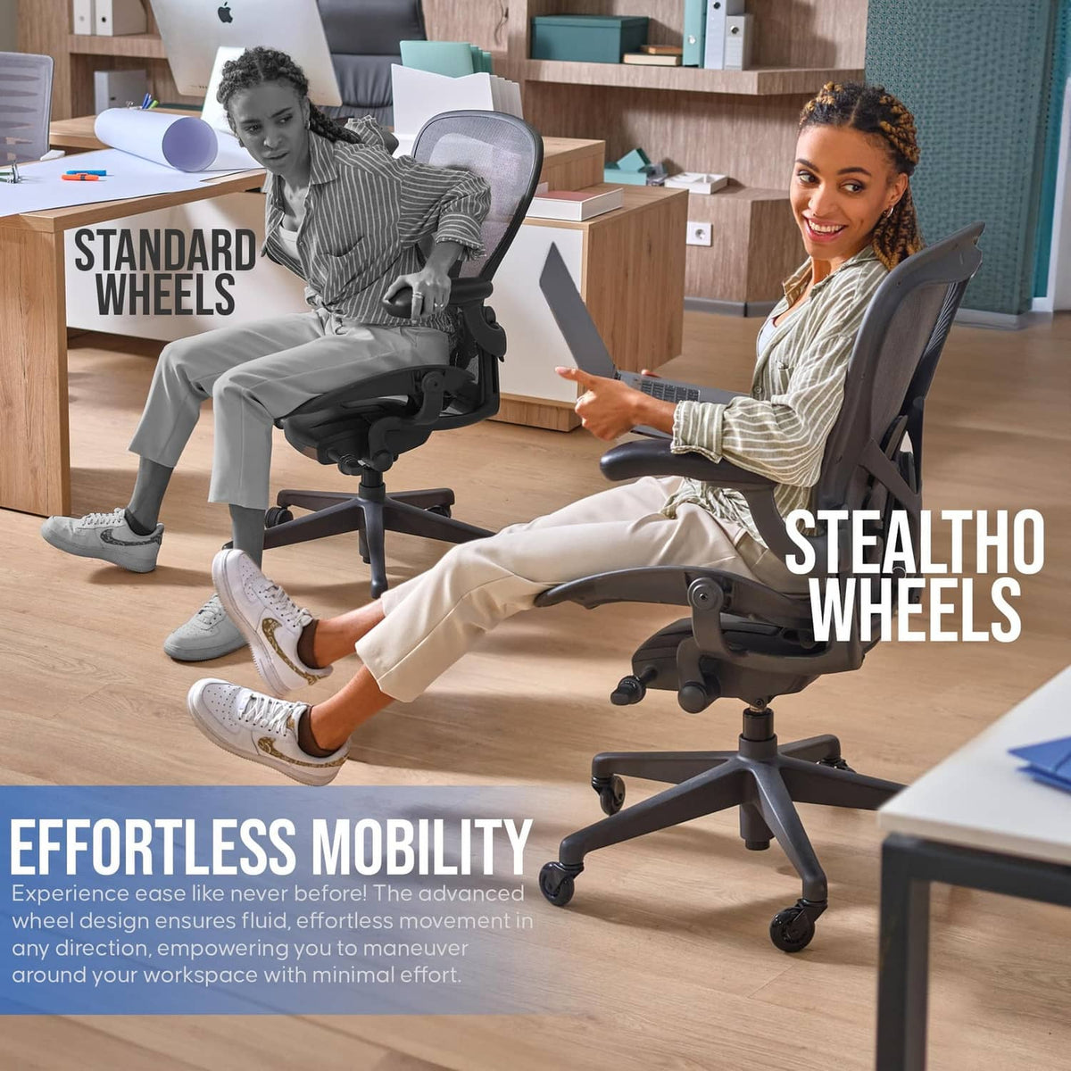 Office chair with black caster wheels on legs, multiple wheels shown