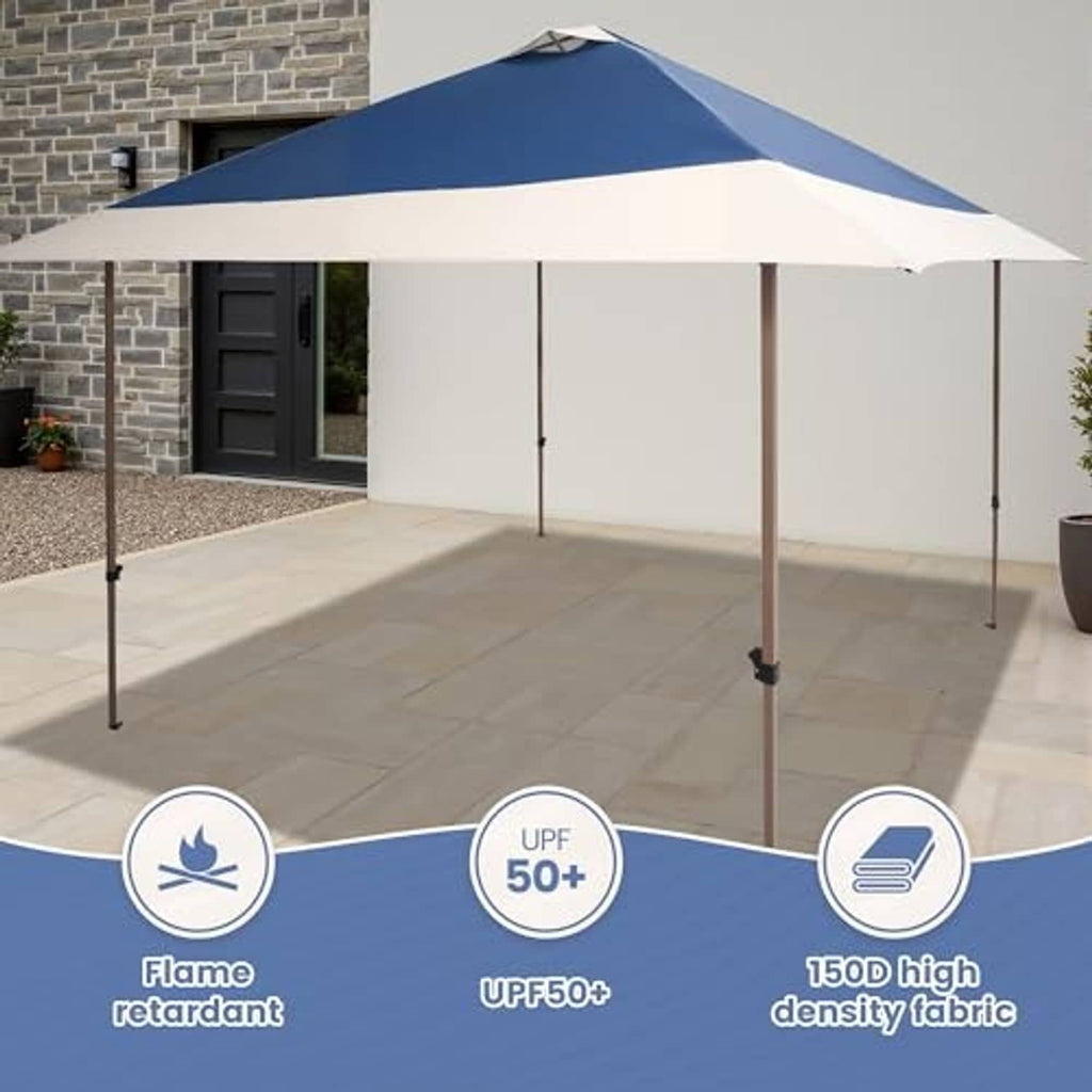 Navy blue and white replacement canopy top cover installed on a pop-up frame